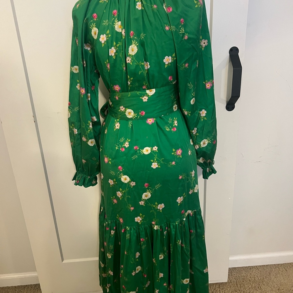 Cynthia Rowley Green Floral Long Sleeve Dress with pink tassels size small - Picture 5 of 9